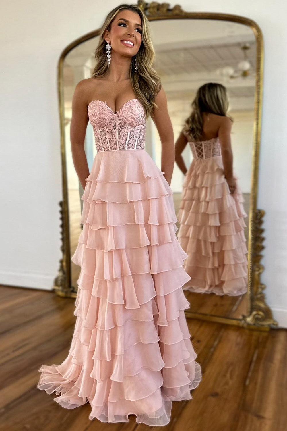 Fuchsia Prom Dress A Line Tiered Chiffon Long Formal Dress with Lace