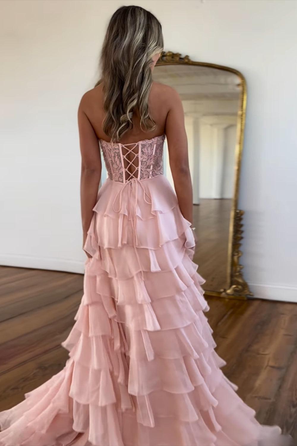 Fuchsia Prom Dress A Line Tiered Chiffon Long Formal Dress with Lace