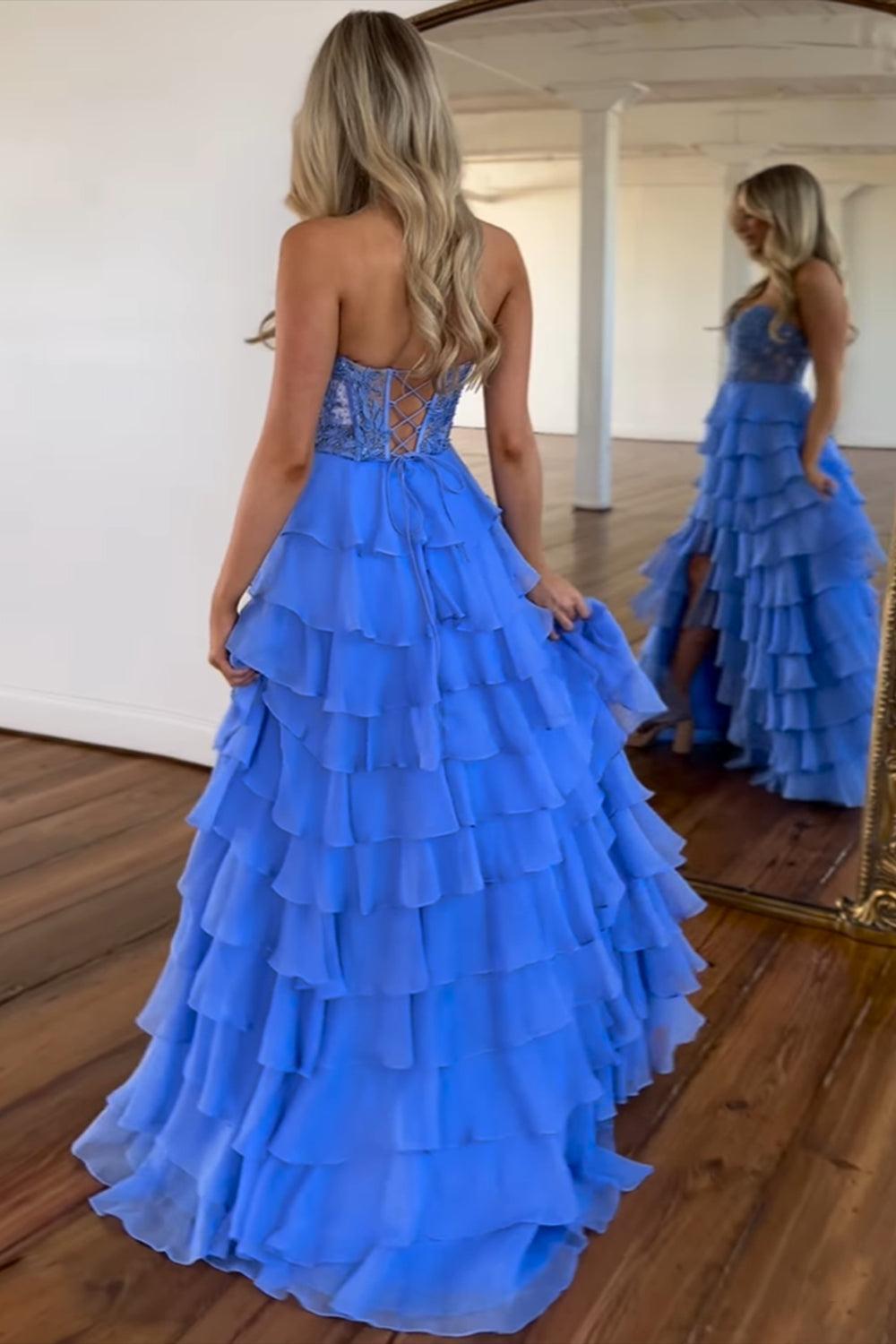 Fuchsia Prom Dress A Line Tiered Chiffon Long Formal Dress with Lace