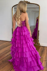 Fuchsia Prom Dress A Line Tiered Chiffon Long Formal Dress with Lace