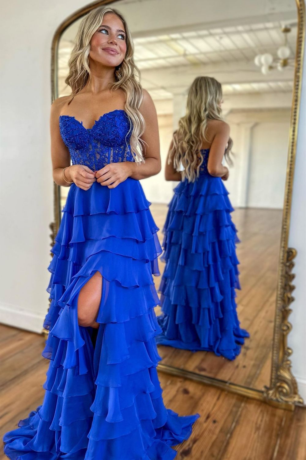 Fuchsia Prom Dress A Line Tiered Chiffon Long Formal Dress with Lace