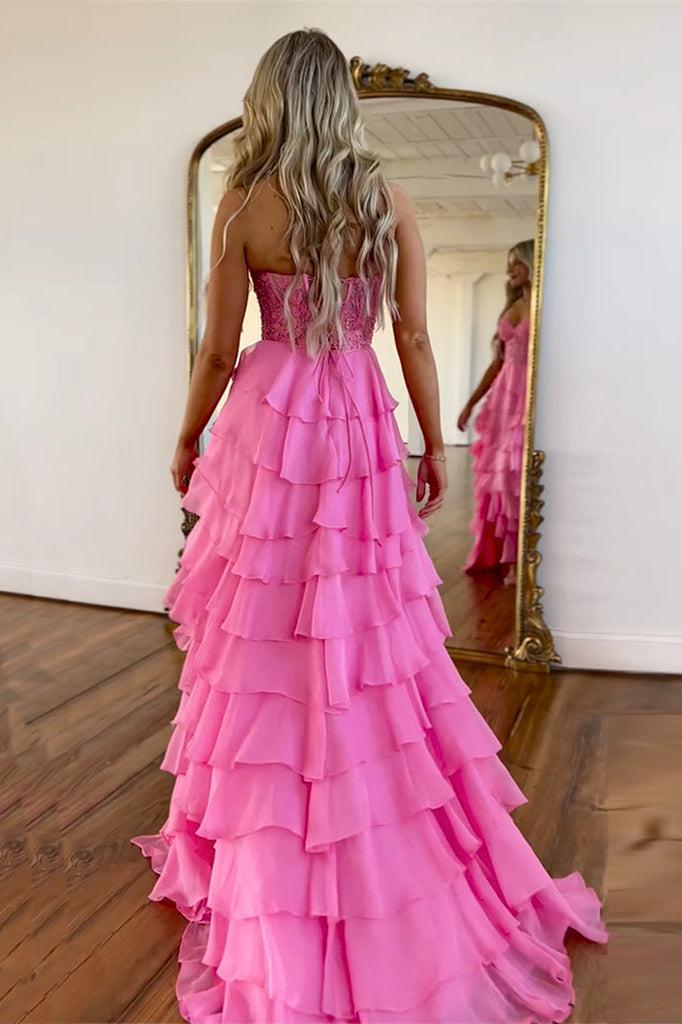 Fuchsia Prom Dress A Line Tiered Chiffon Long Formal Dress with Lace