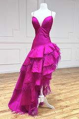 Fuchsia Prom Dress A Line V Neck Irregular Long Evening Dress