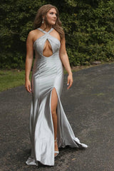 Fuchsia Prom Dress Halter Mermaid Hollow Out Evening Dress with Slit