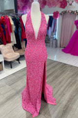 Fuchsia Prom Dress Mermaid Halter Backless Long Sequined Evening Dress with Slit