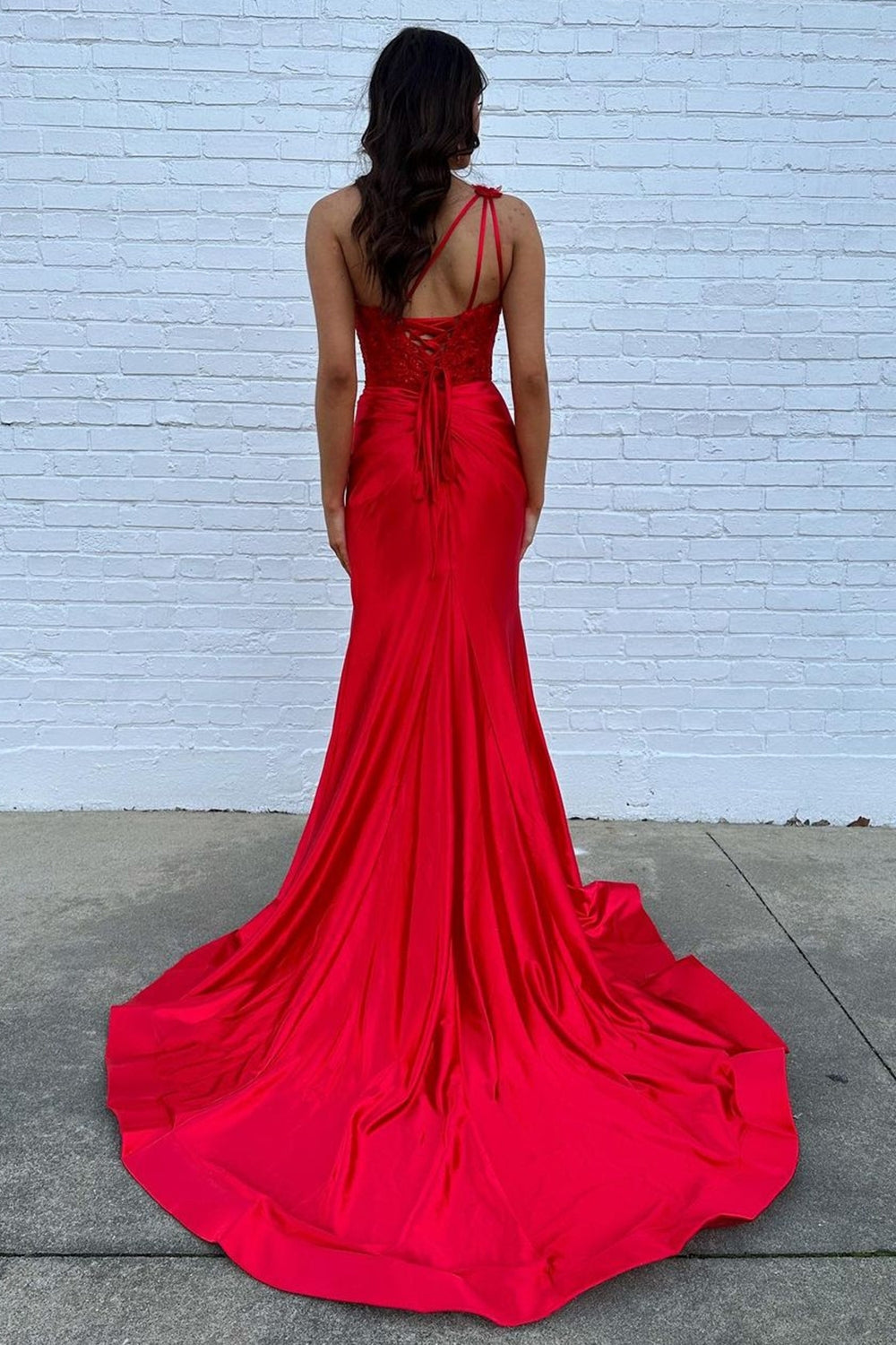 Fuchsia Prom Dress One Shoulder Mermaid Satin Long Evening Dress with Slit