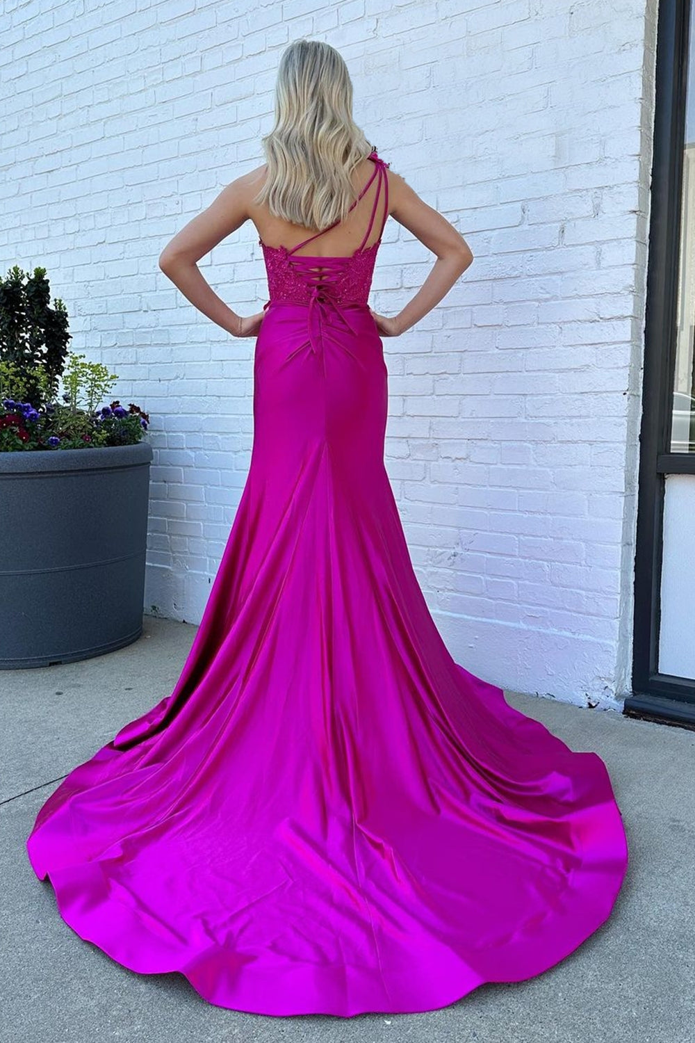 Fuchsia Prom Dress One Shoulder Mermaid Satin Long Evening Dress with Slit