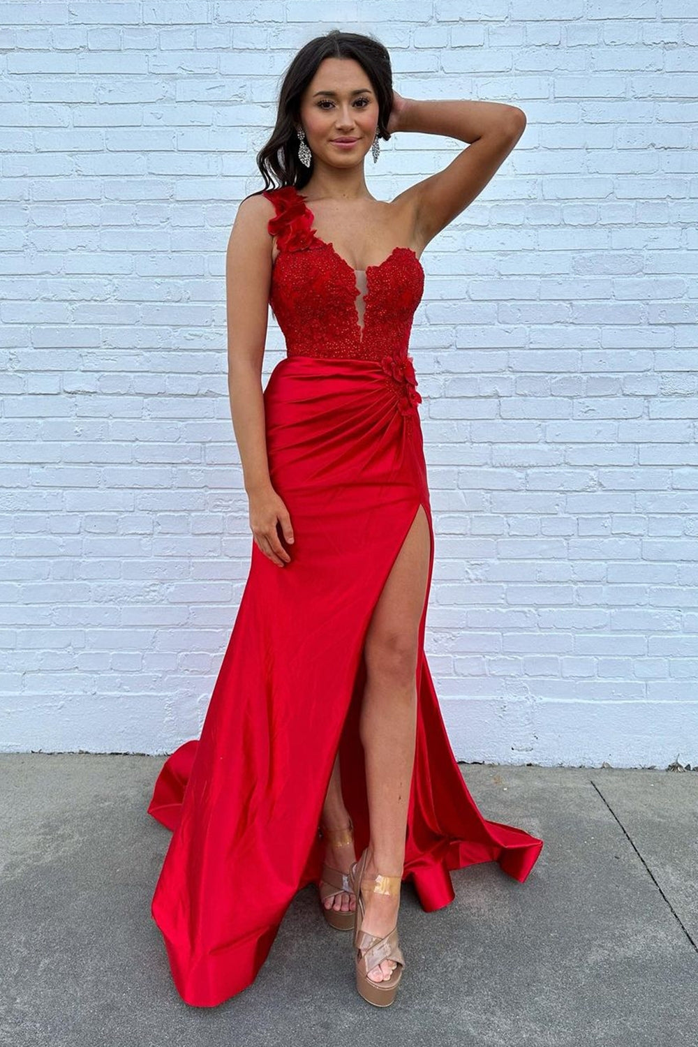 Fuchsia Prom Dress One Shoulder Mermaid Satin Long Evening Dress with Slit