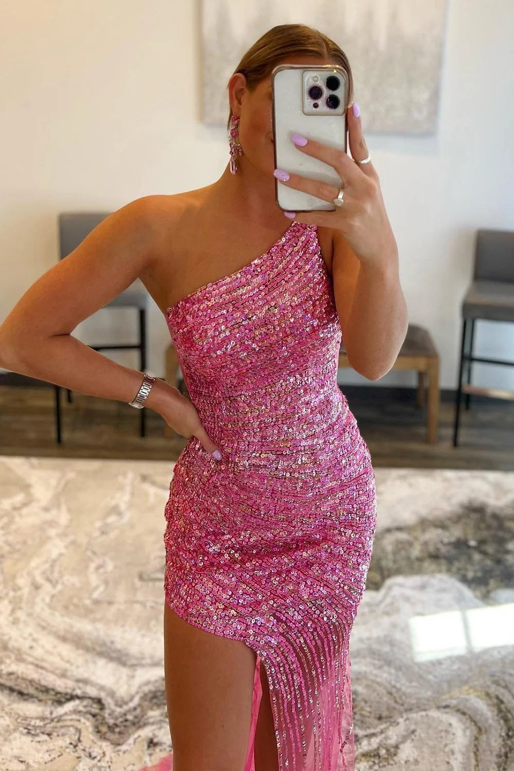 Fuchsia Prom Dress One Shoulder Sequined Long Evening Dress with Slit