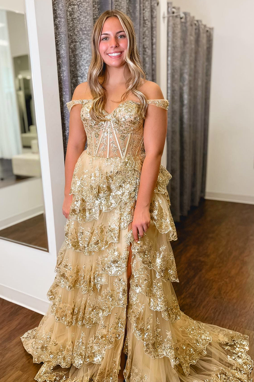 Fuchsia Prom Dress Ruffled Long Evening Dress with Slit