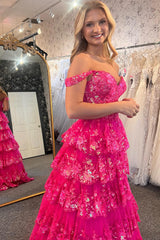 Fuchsia Prom Dress Ruffled Long Evening Dress with Slit