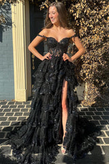 Fuchsia Prom Dress Ruffled Long Evening Dress with Slit