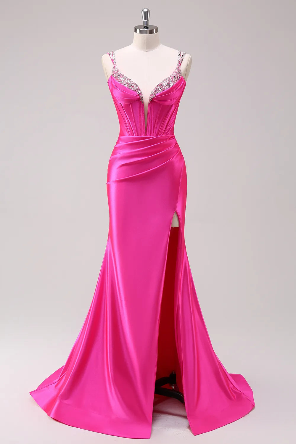 Fuchsia Prom Dress Spaghetti Straps Mermaid Corset Evening Dress with Slit