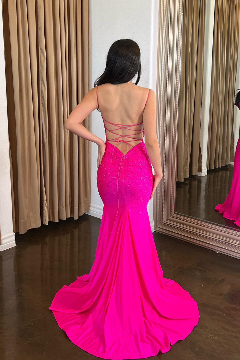 Fuchsia Prom Dress Spaghetti Straps Mermaid Long Evening Dress
