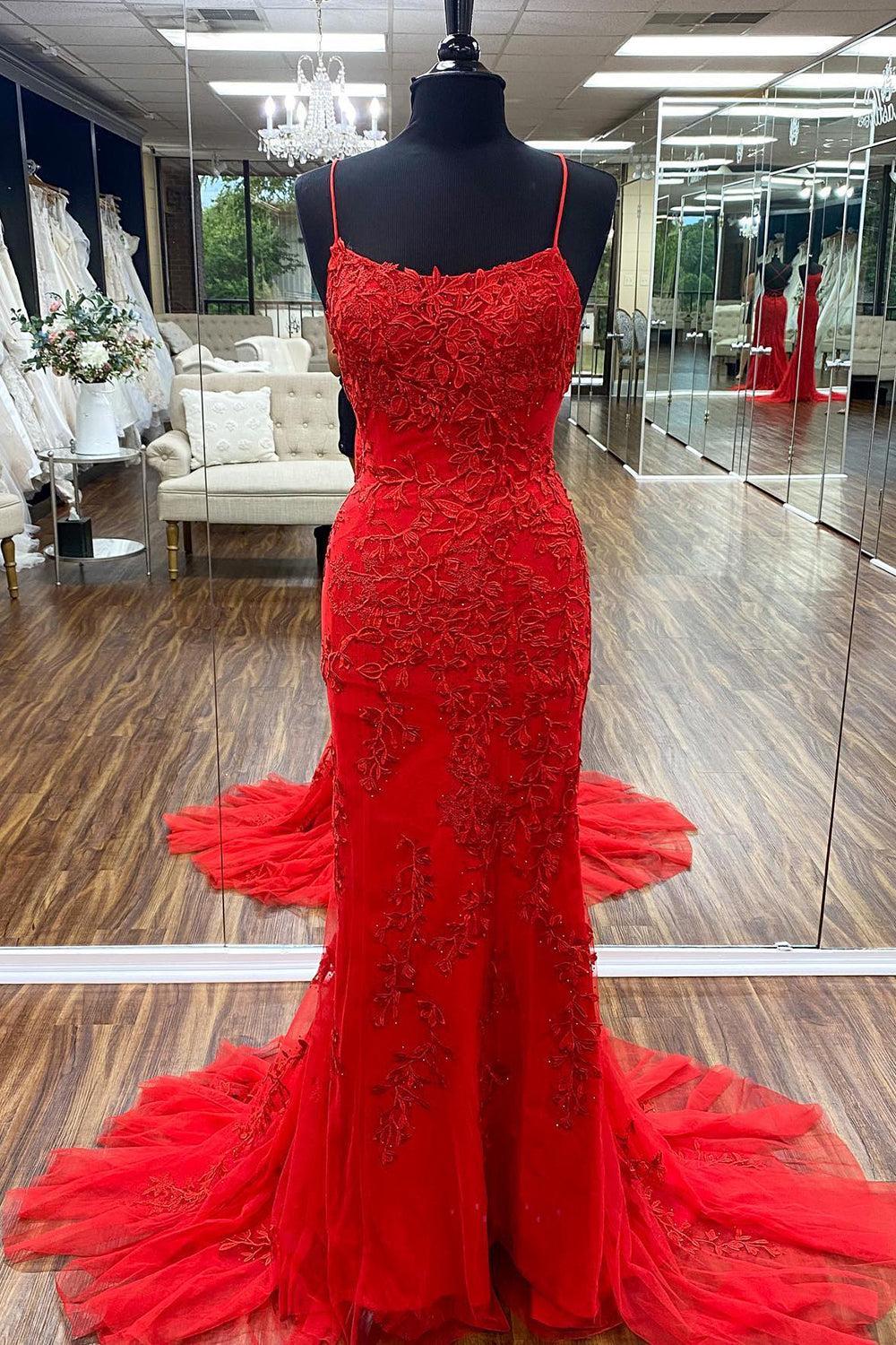 Fuchsia Spaghetti Straps Prom Dress Tulle Appliques Evening Dress