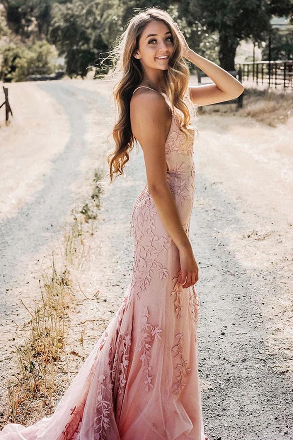 Fuchsia Spaghetti Straps Prom Dress Tulle Appliques Evening Dress