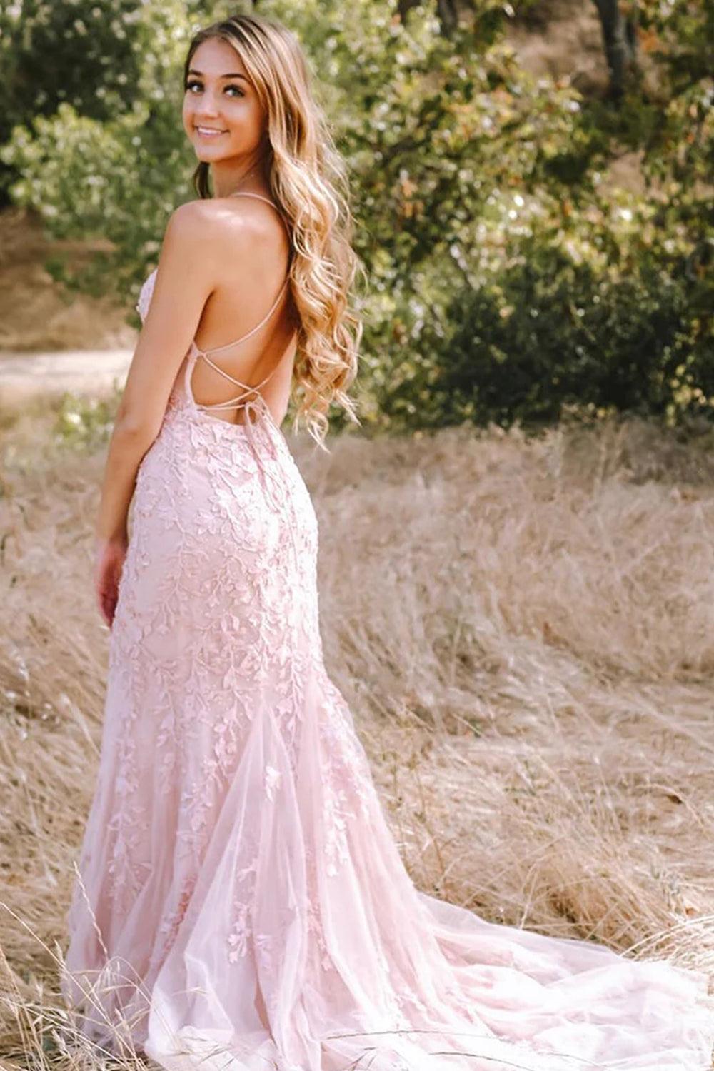 Fuchsia Spaghetti Straps Prom Dress Tulle Appliques Evening Dress