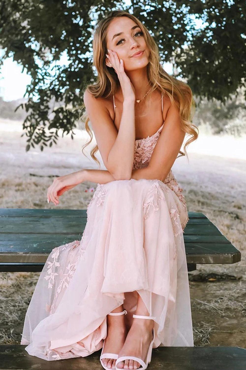 Fuchsia Spaghetti Straps Prom Dress Tulle Appliques Evening Dress