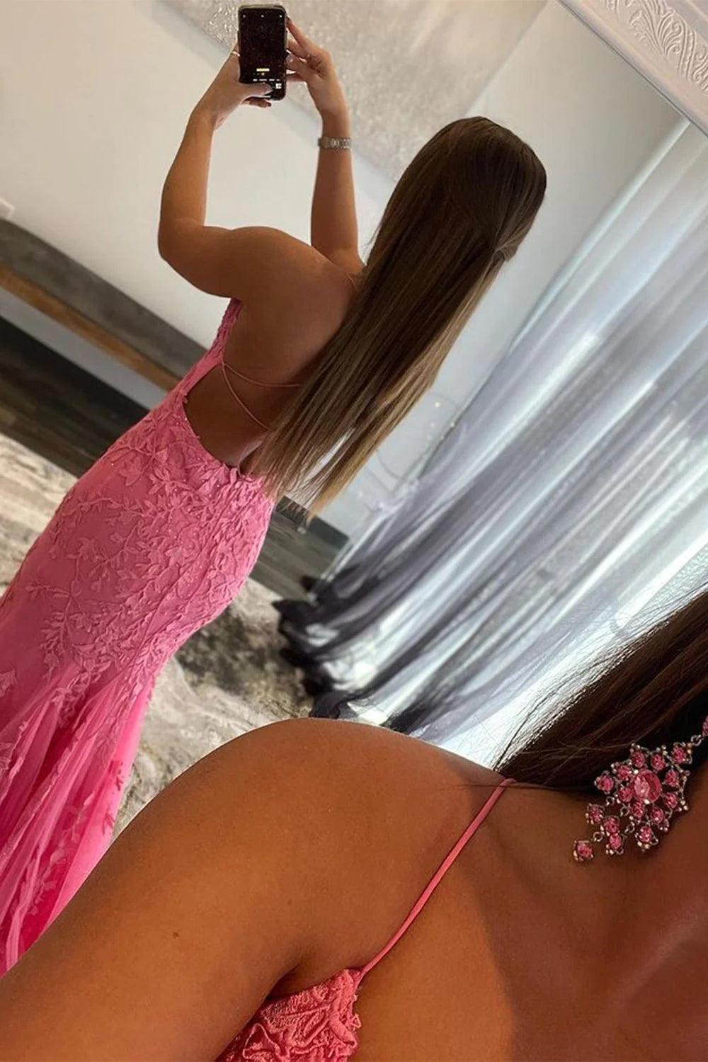 Fuchsia Spaghetti Straps Prom Dress Tulle Appliques Evening Dress