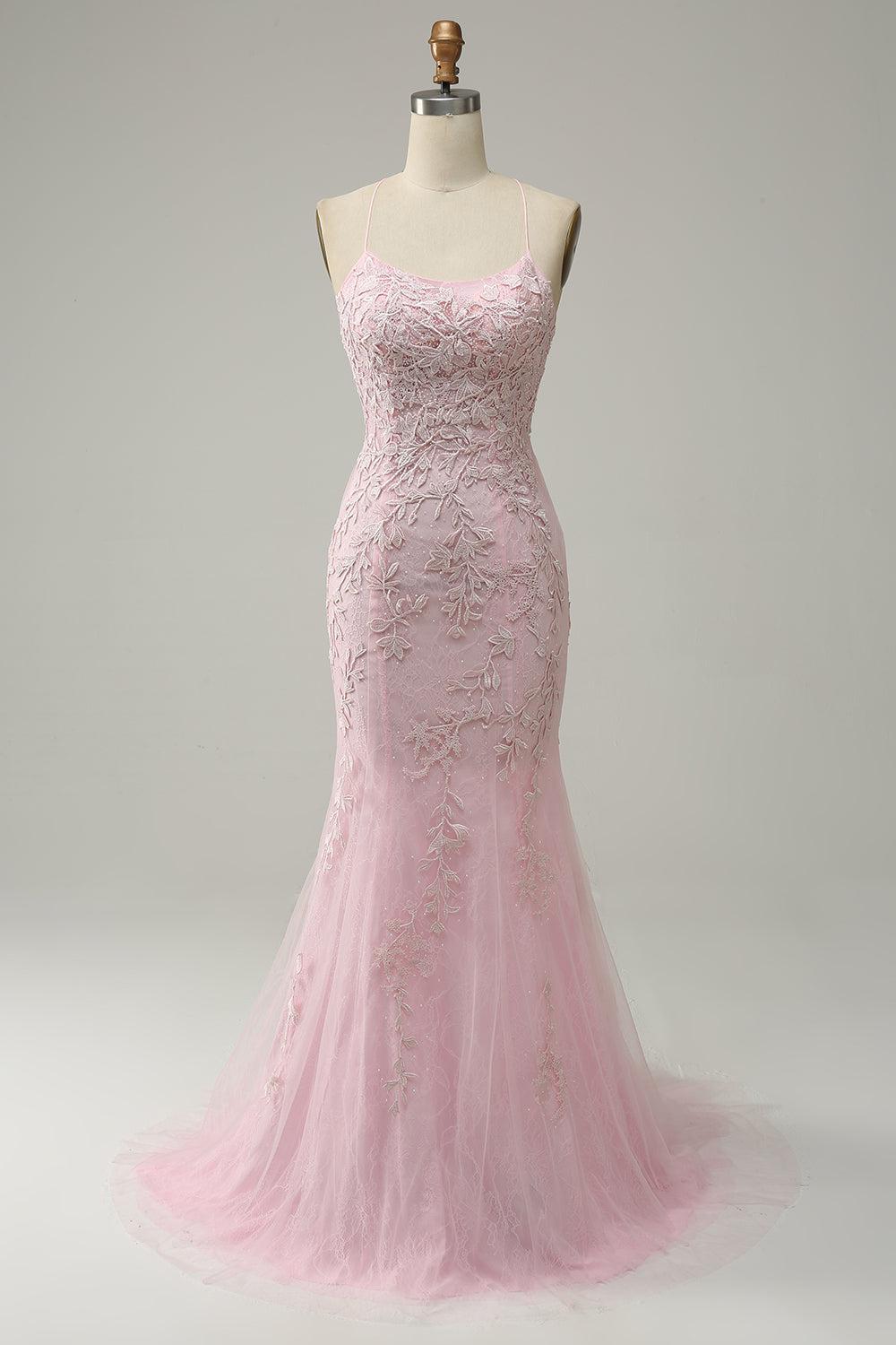 Fuchsia Spaghetti Straps Prom Dress Tulle Appliques Evening Dress