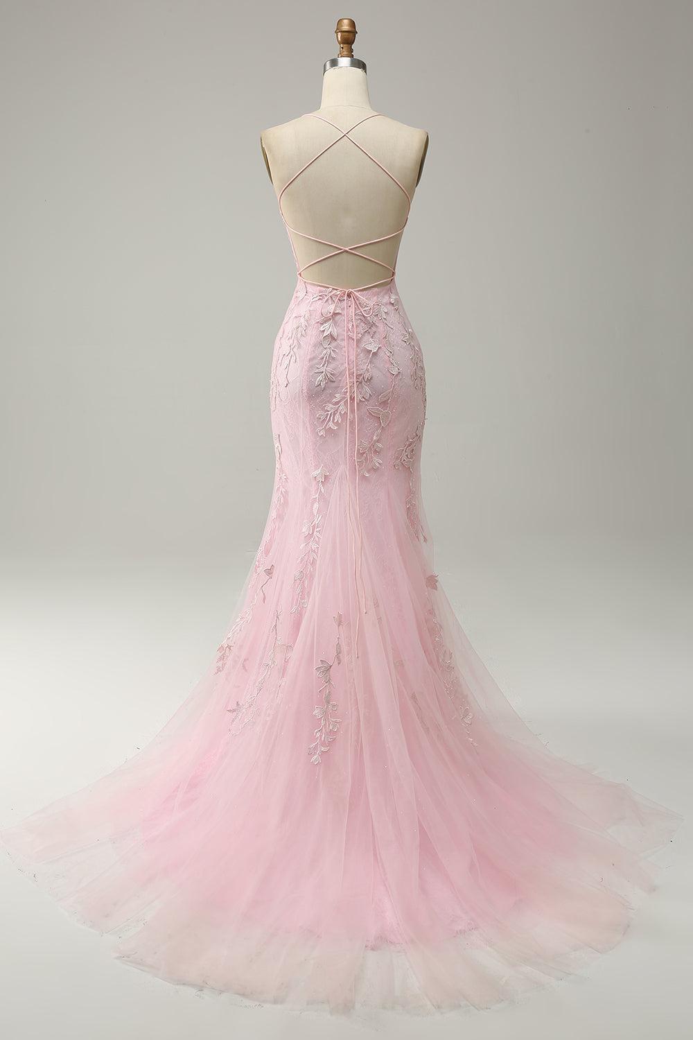 Fuchsia Spaghetti Straps Prom Dress Tulle Appliques Evening Dress