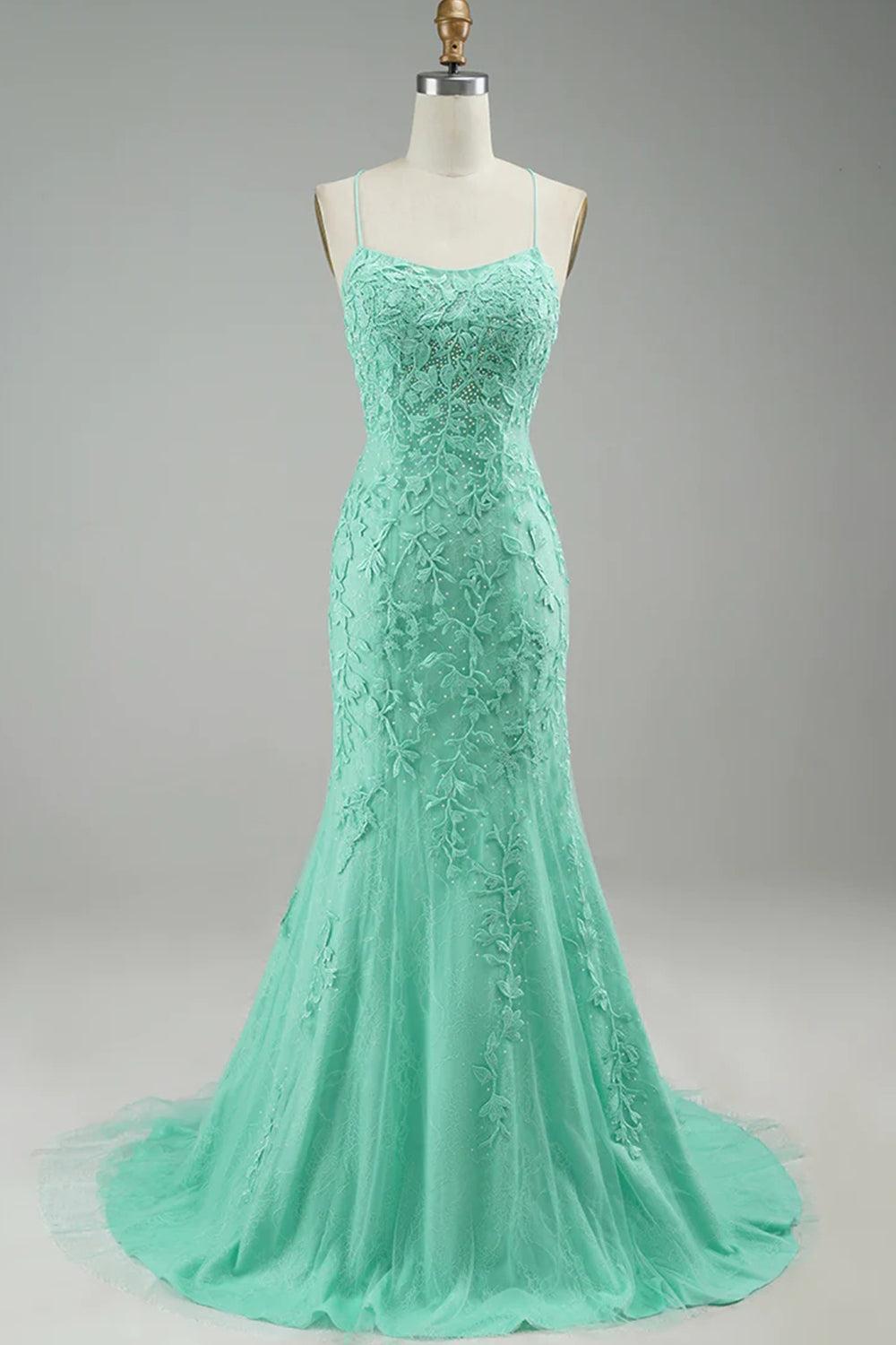 Fuchsia Spaghetti Straps Prom Dress Tulle Appliques Evening Dress