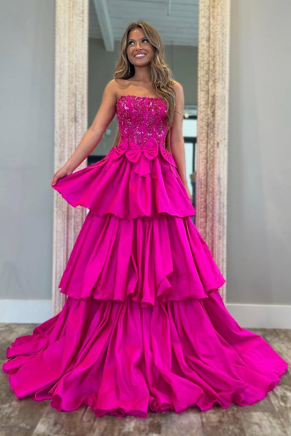 Fuchsia Strapless Layered Satin A-Line Prom Dress With Bowknot Formal Evening Gown