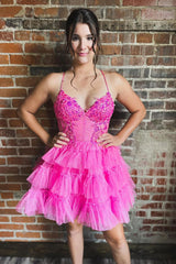 Fuchsia Tulle Homecoming Dresses Ruffled Cocktail Dresses With Beading