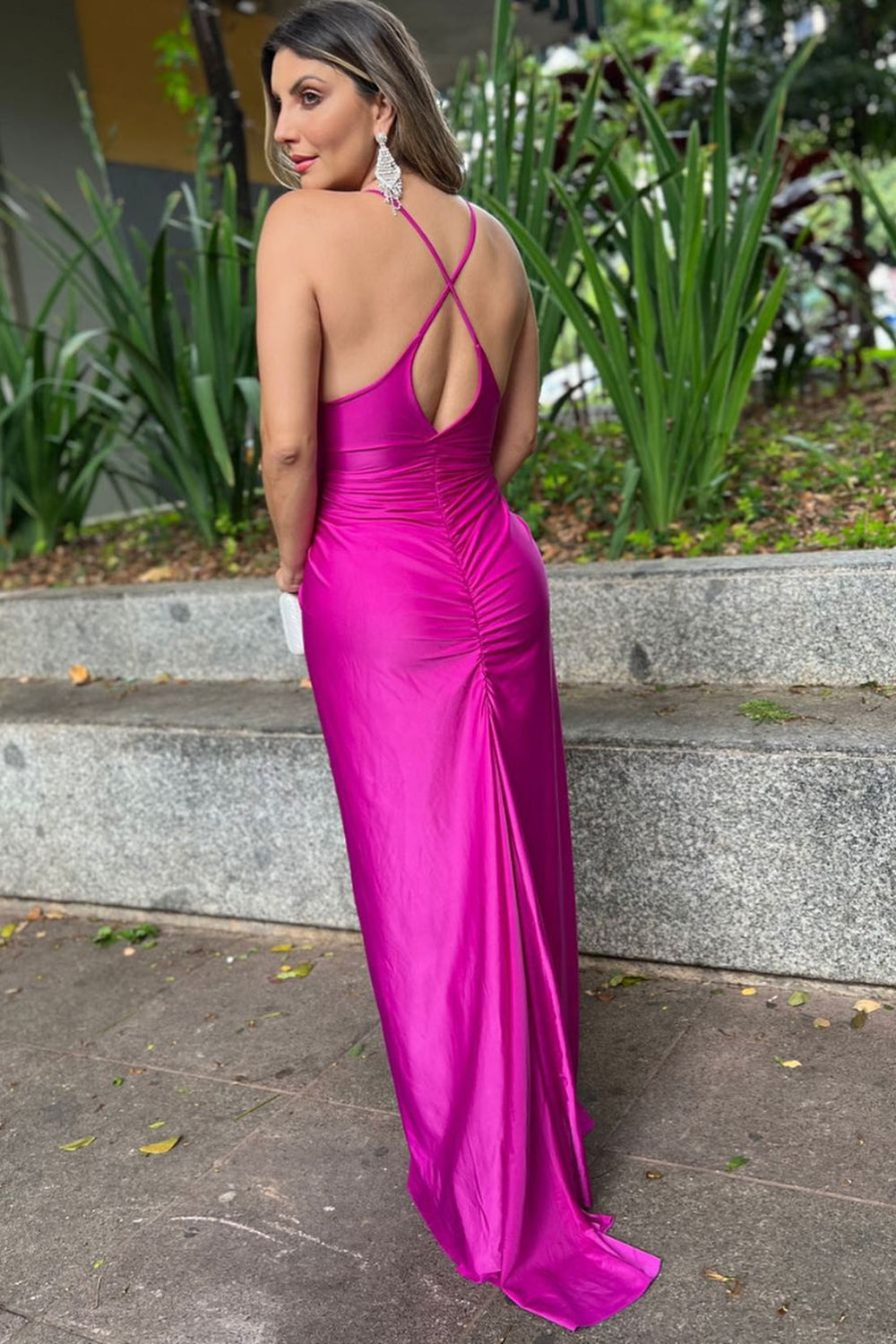 Fuchsia V-Neck Cocktail Dress Spaghetti Straps Ruche Long Wedding Guest Dress