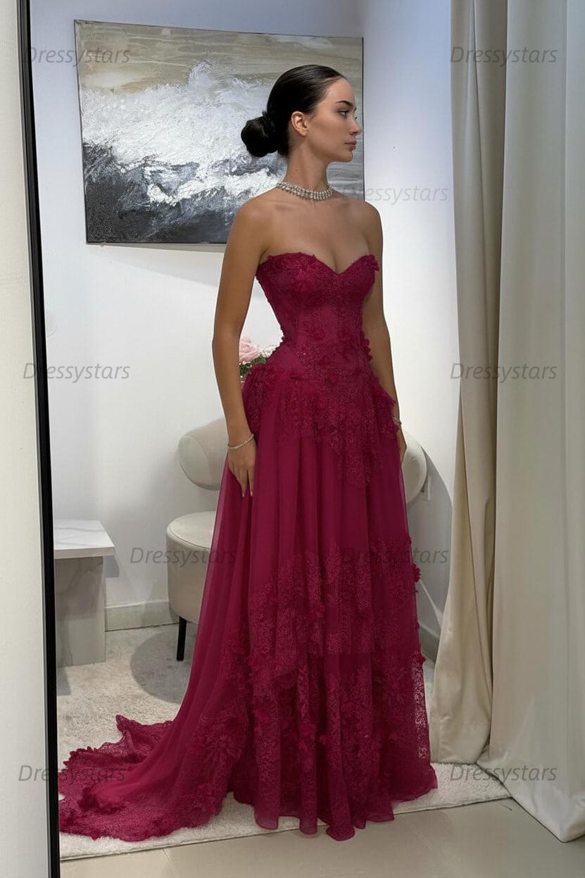 Yellow Lace A Line Prom Dress Sweetheart Lace Appliqued Formal Dress with 3D Flowers