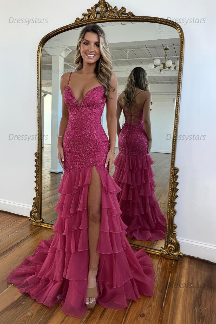 Dressystars Yellow Mermaid Spaghetti Straps Lace Up Long Prom Dress With Ruffle Skirt Formal Evening Gown