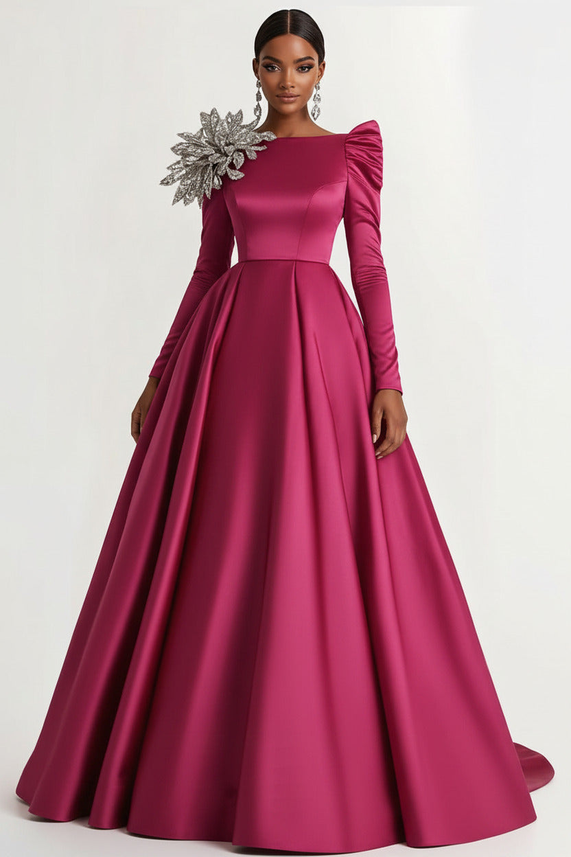 Dressystars A-Line Long Black Wedding Guest Dress Satin Boat Neck Formal Dress With Long Sleeves