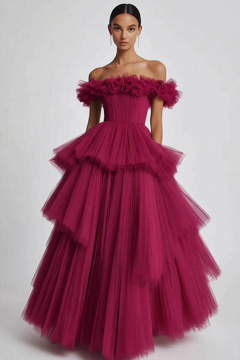 Dusty Sage Formal Dress Tulle Off The Shoulder Ball Gown Wedding Guest Dress With Ruffles