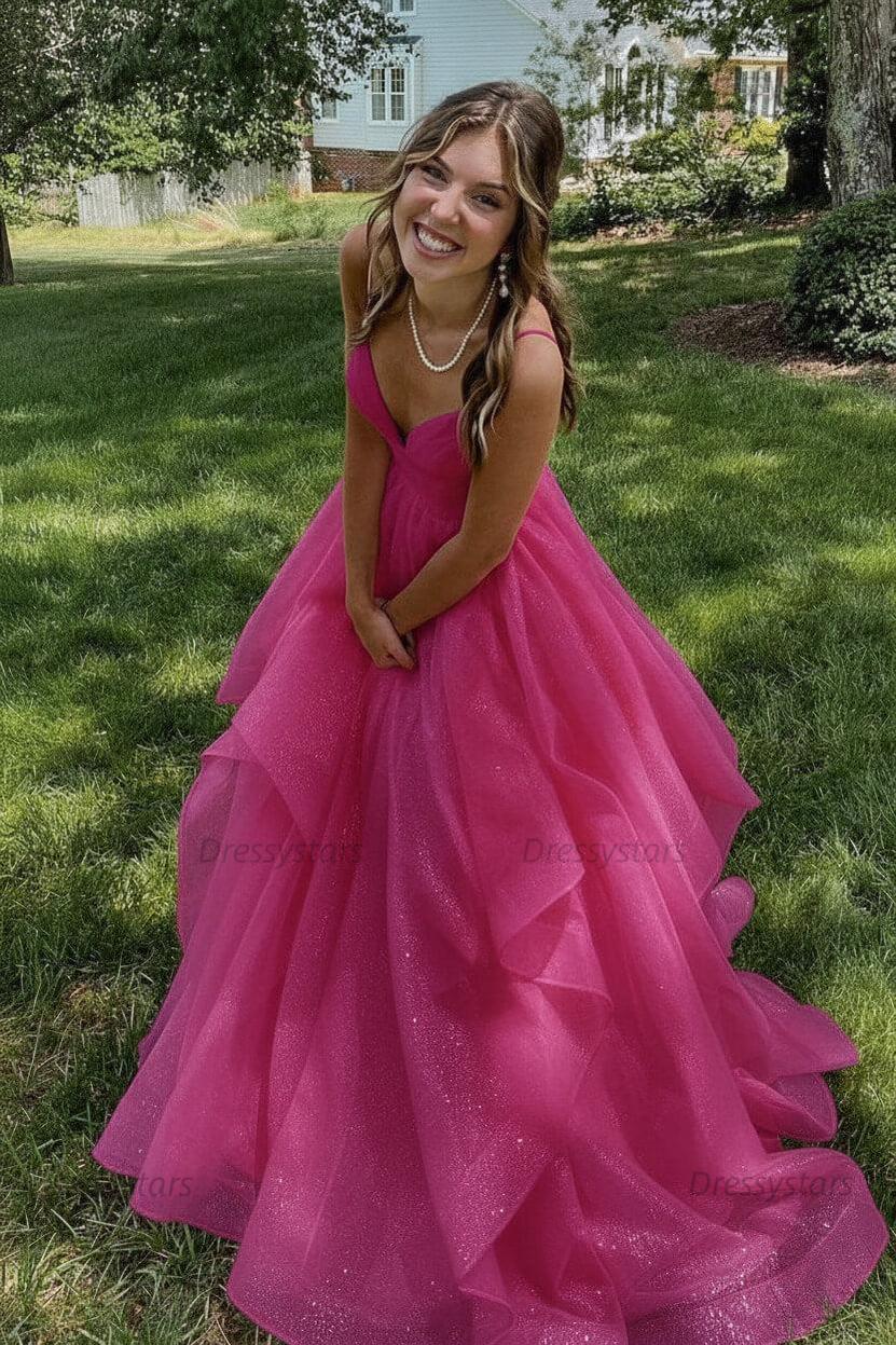 Pink Prom Dress V Neck Tulle Long Formal Evening Dress