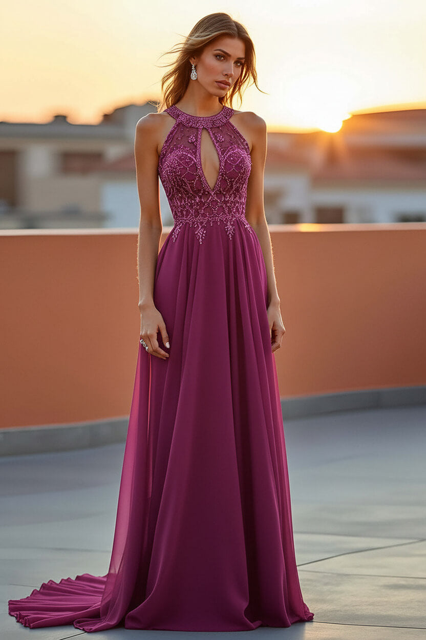 Dressystars Beaded Navy Wedding Guest Dress Halter Long Formal Dress With Embroideries