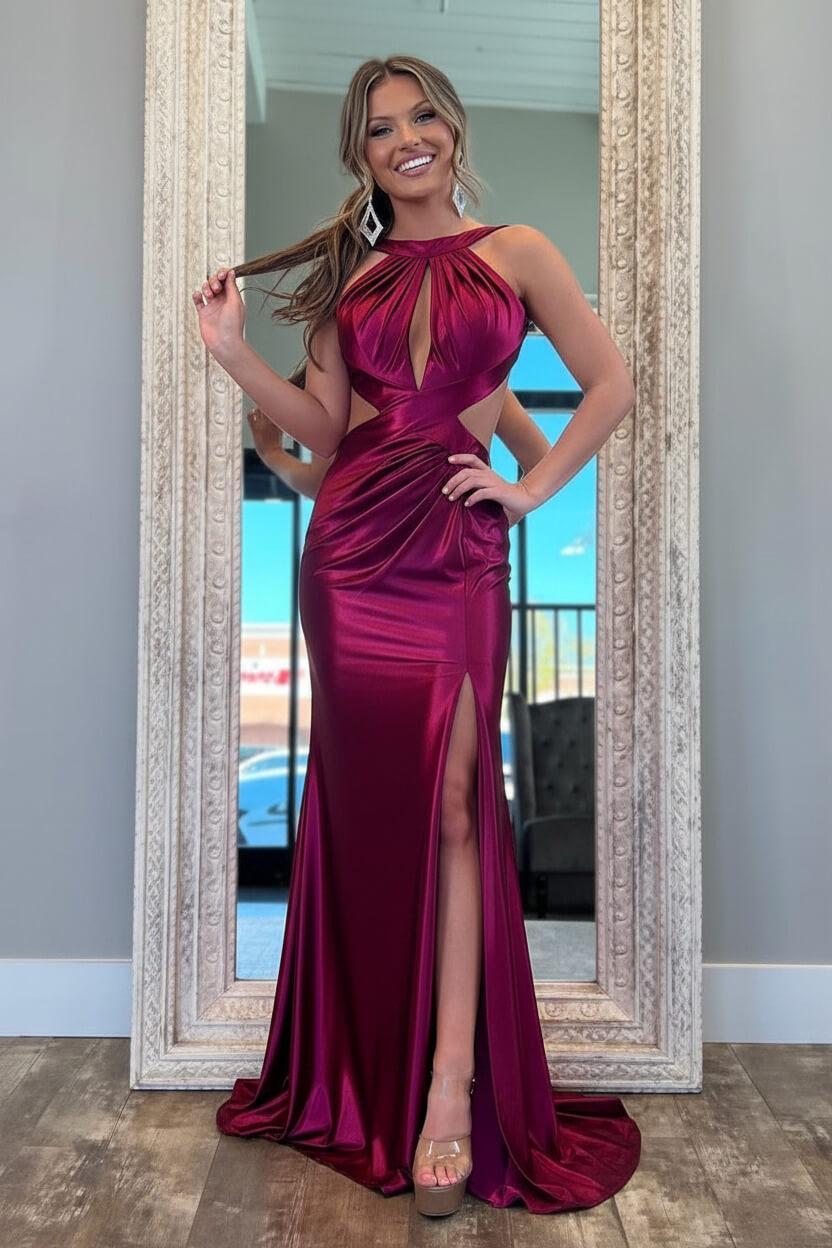 Fuchsia Metallic Mermaid Prom Dress With Slit And Open Back Formal Evening Gown