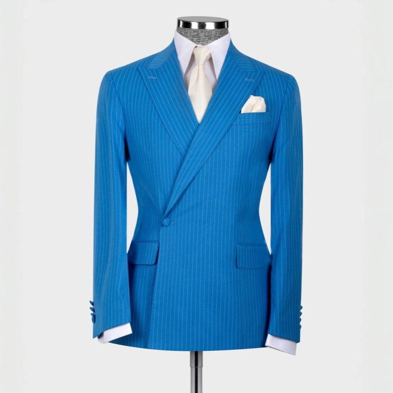 Generous Blue Striped Peaked Lapel Prom Suit