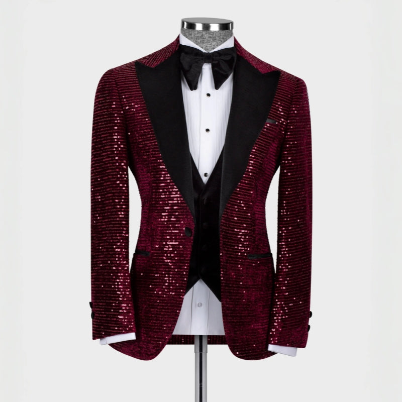 Generous Burgundy Peaked Lapel 3 Piece Sequins Prom Suit