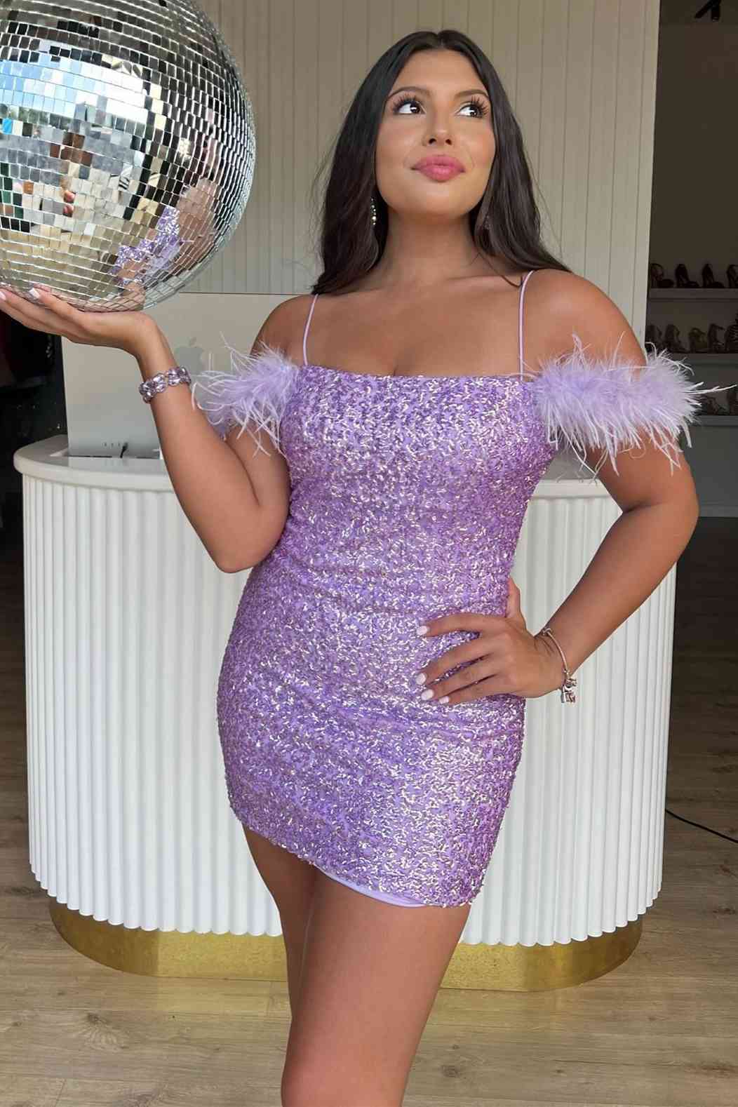 Georgiana Homecoming Dress Pretty Bodycon Sequin with Chic Feather Short Party Cocktail Dress