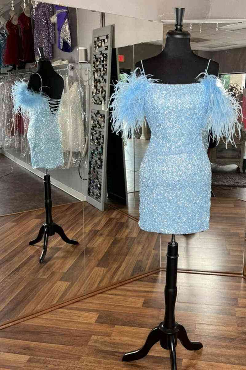 Georgiana Homecoming Dress Pretty Bodycon Sequin with Chic Feather Short Party Cocktail Dress