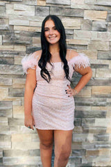 Georgiana Homecoming Dress Pretty Bodycon Sequin with Chic Feather Short Party Cocktail Dress