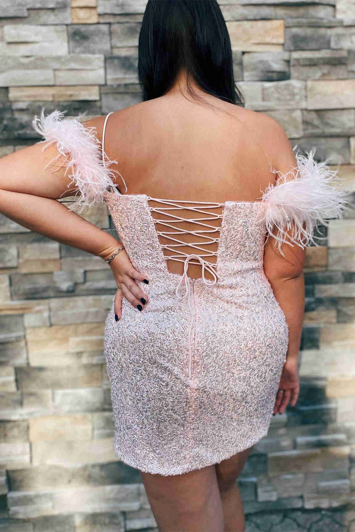 Georgiana Homecoming Dress Pretty Bodycon Sequin with Chic Feather Short Party Cocktail Dress