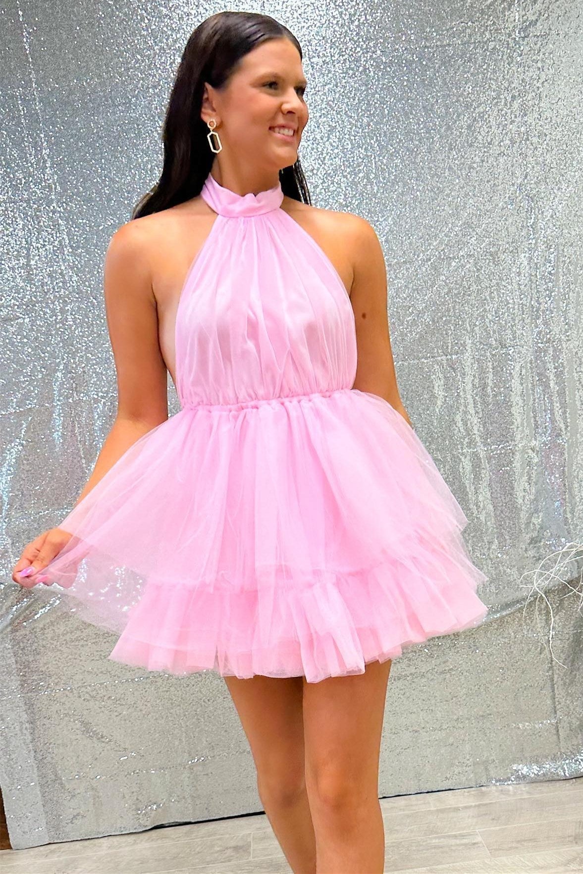 Girly Homecoming Dress pink Tulle Halterneck With Ruffles Short Party Cocktail Dress