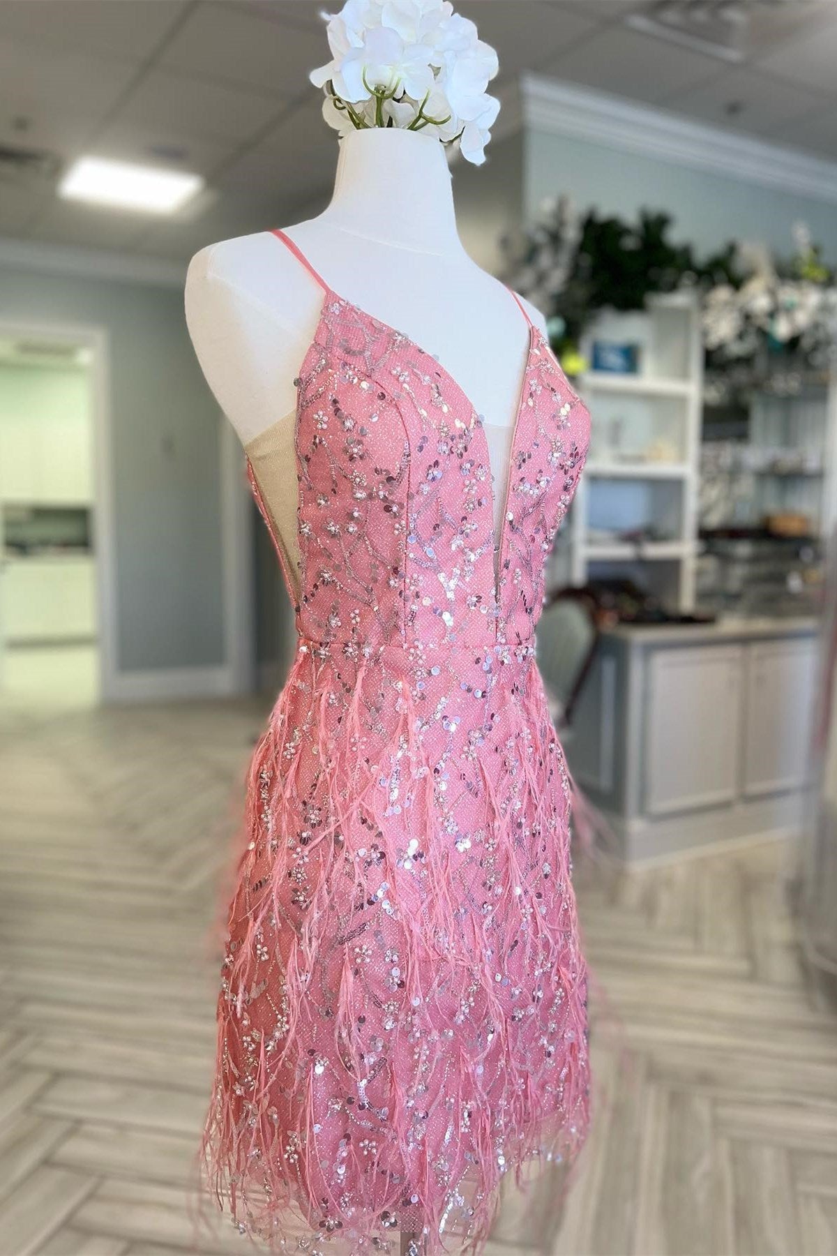 Girly Homecoming Dress pink Tulle Sequin Style Plunge Cocktail with Chic Feather Short Party Cocktail Dress