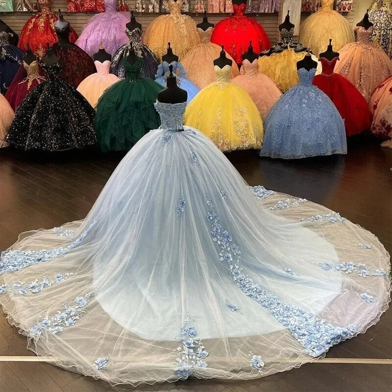 Glamorous Ball Gown Off Shoulder 3D Flowers Appliques Sweep Train Sky Blue Tulle Quinceanera Dress For Sweet 16