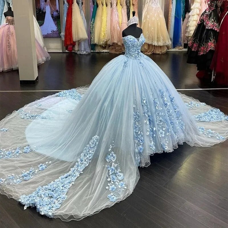 Glamorous Ball Gown Off Shoulder 3D Flowers Appliques Sweep Train Sky Blue Tulle Quinceanera Dress For Sweet 16