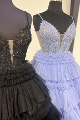 Glamorous Black Prom Dress Delicate Beaded Spaghetti Strap Ruffle Tiered Evening Dress
