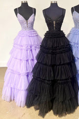 Glamorous Black Prom Dress Delicate Beaded Spaghetti Strap Ruffle Tiered Evening Dress