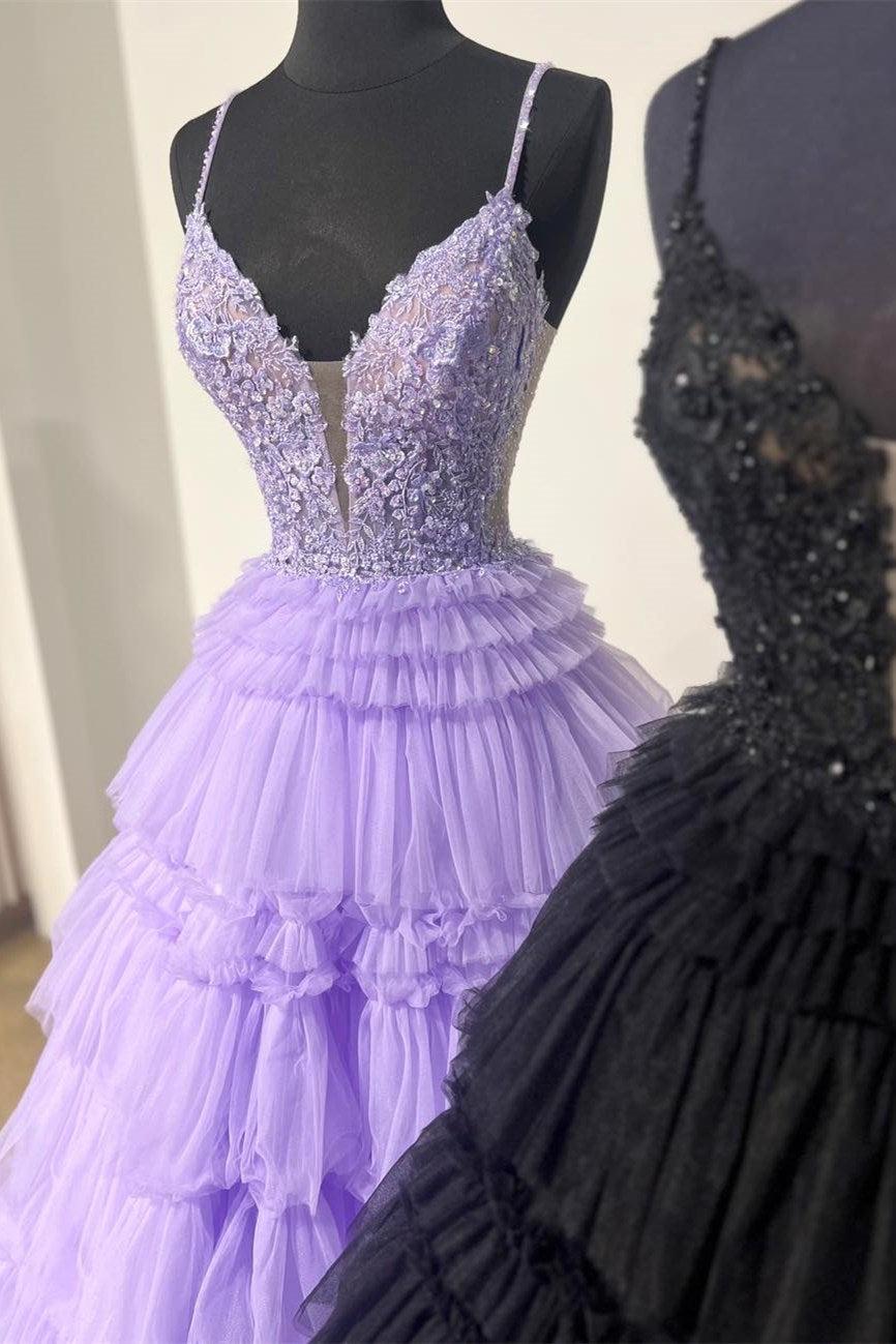 Glamorous Black Prom Dress Delicate Beaded Spaghetti Strap Ruffle Tiered Evening Dress