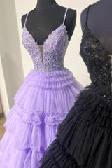 Glamorous Black Prom Dress Delicate Beaded Spaghetti Strap Ruffle Tiered Evening Dress